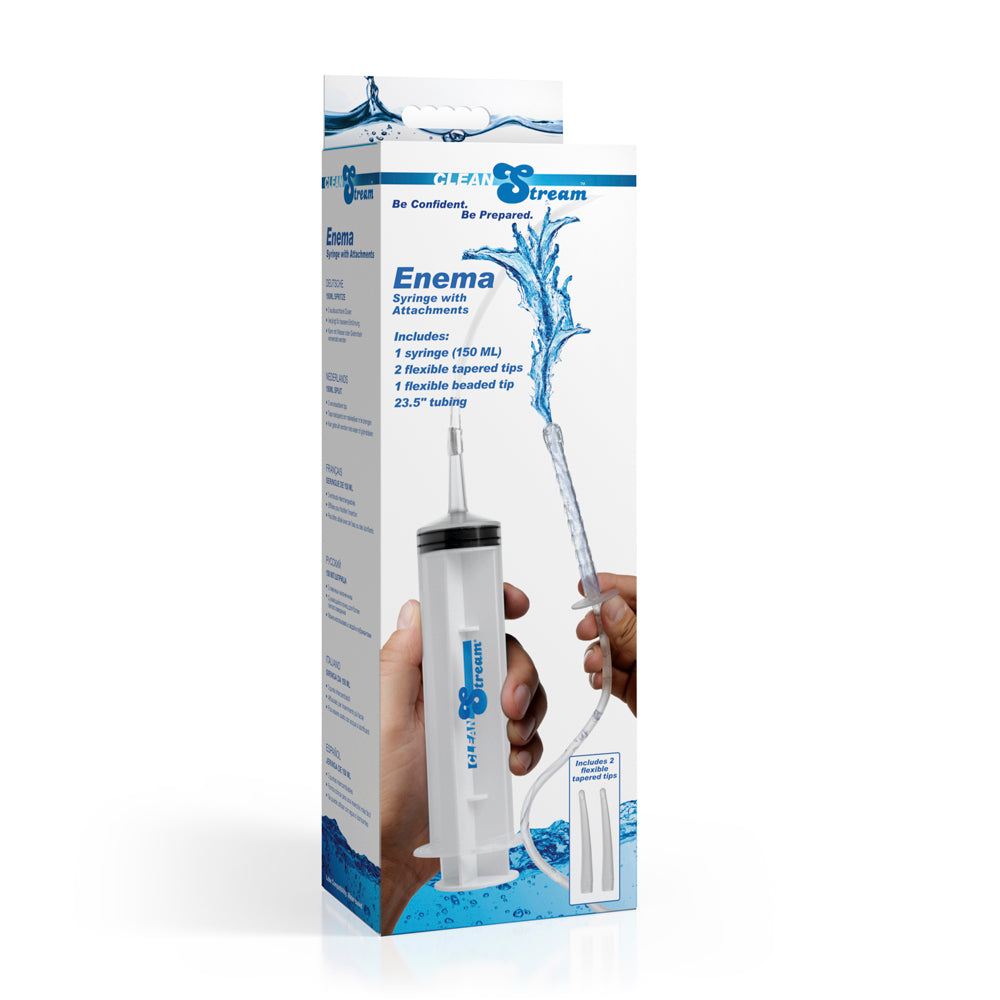 Enema syringe kit with 150ml capacity, 2 flexible tapered tips, 1 beaded tip, and 23.5-inch tubing.