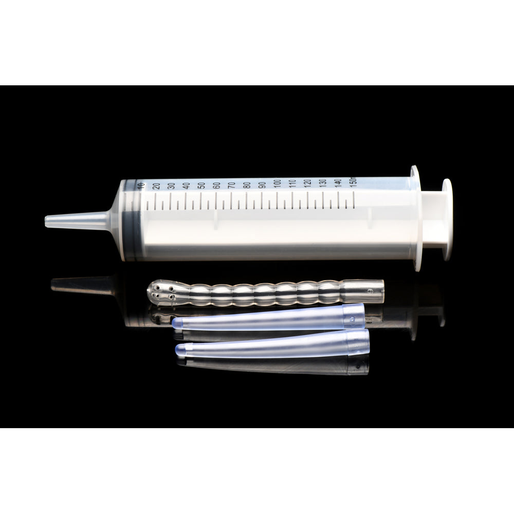 Enema syringe kit with 150ml capacity, silicone tube, and three tips.