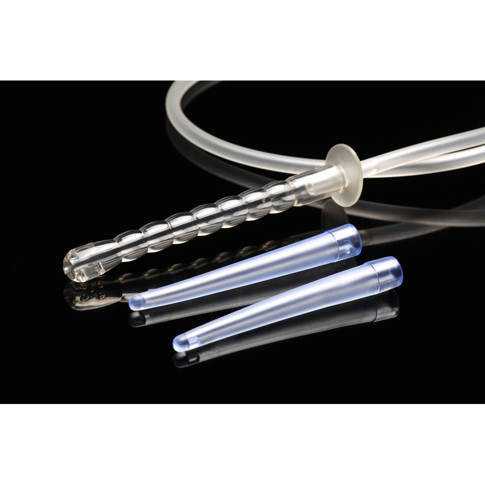 Enema syringe kit with a beaded tip, two smooth tips, and a silicone tube.