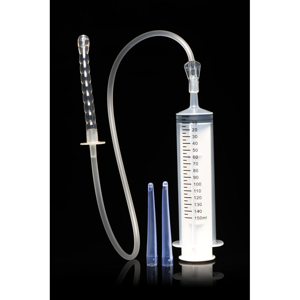 Enema syringe kit with a 150ml syringe, silicone tube, and three tips.