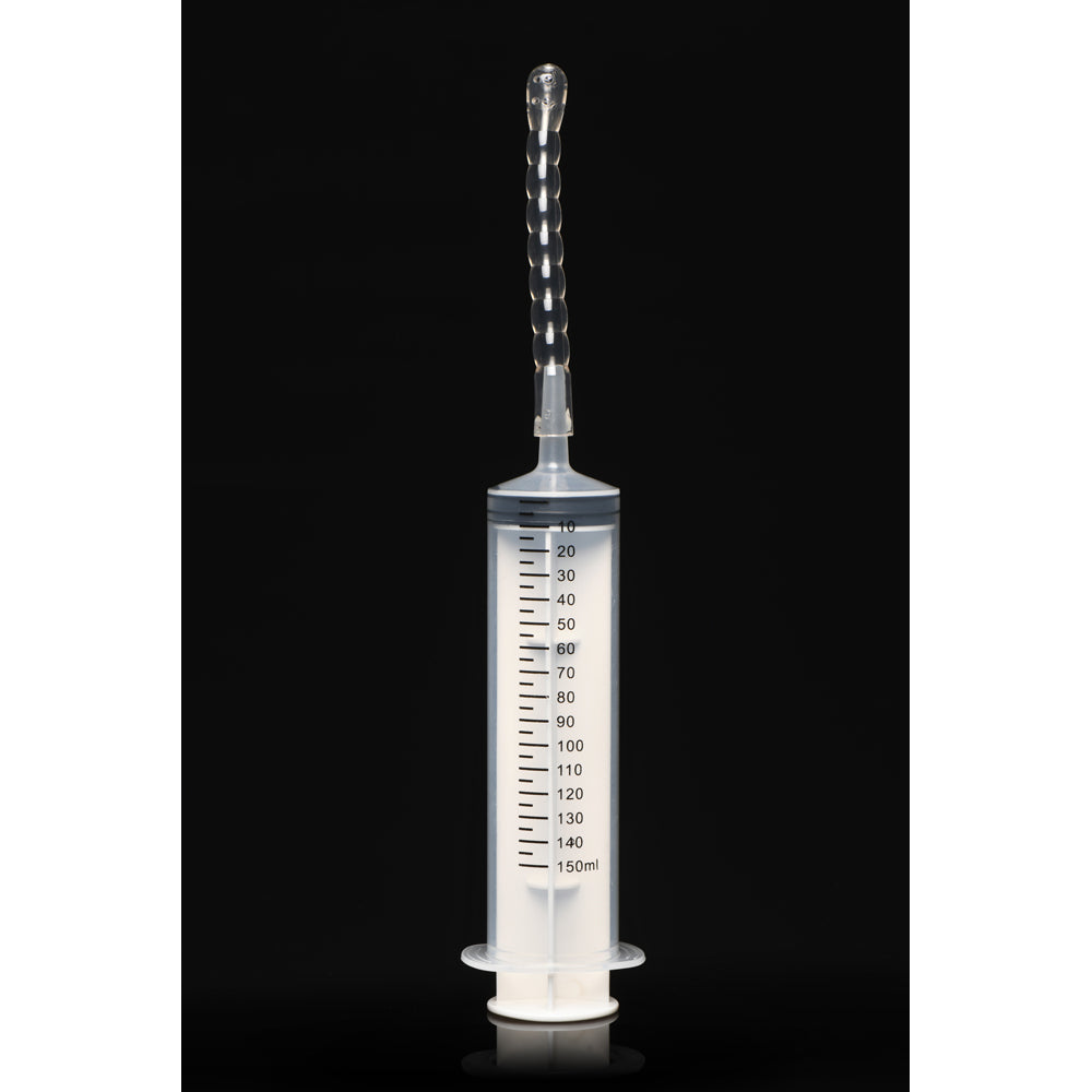 A 150ml syringe with a flexible, ribbed tip and measurement markings.