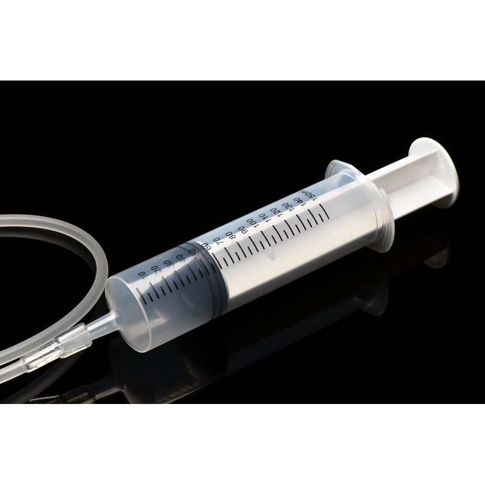 A 150ml enema syringe kit with a silicone tube and multiple tips.