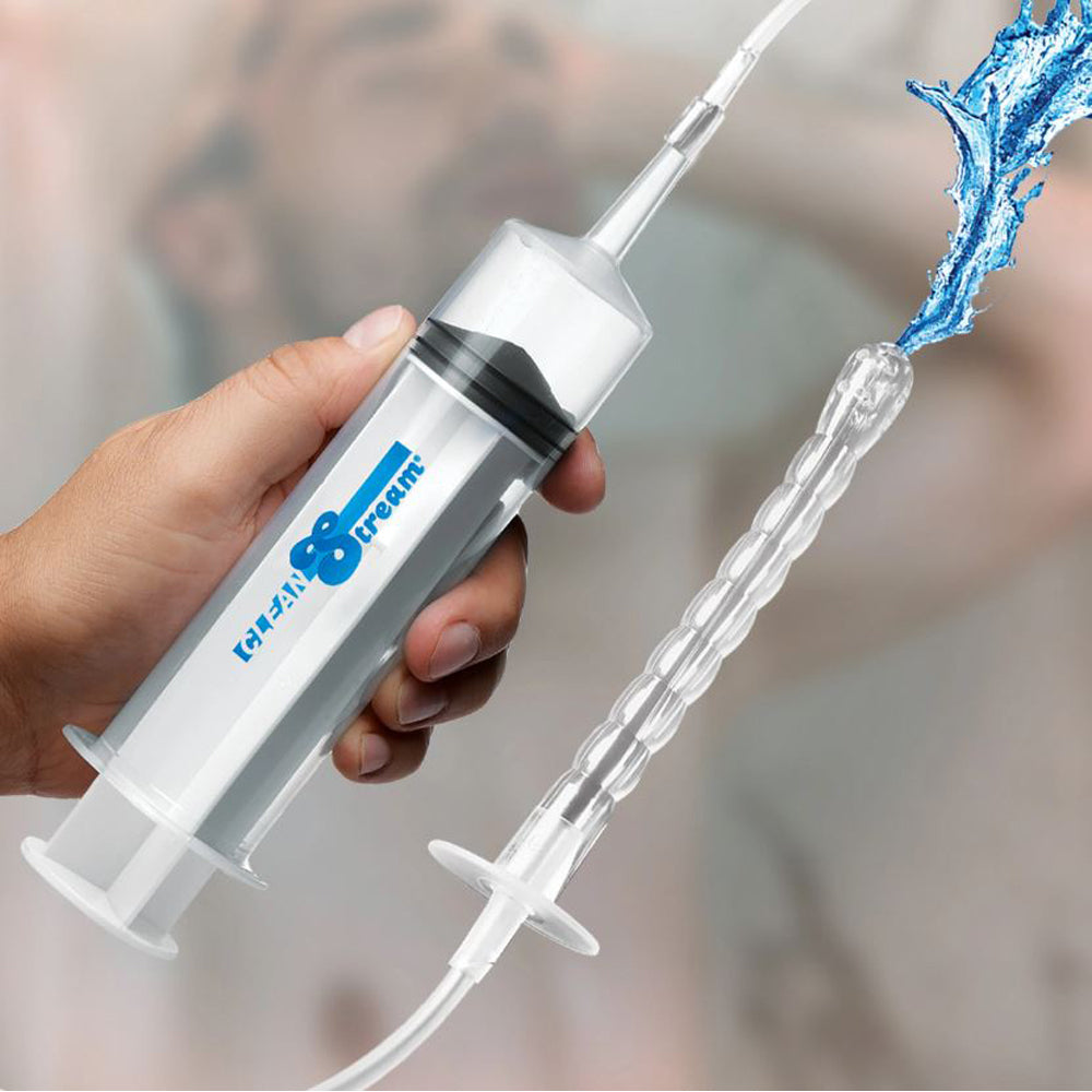 Enema syringe kit with a clear beaded tip and blue branding.