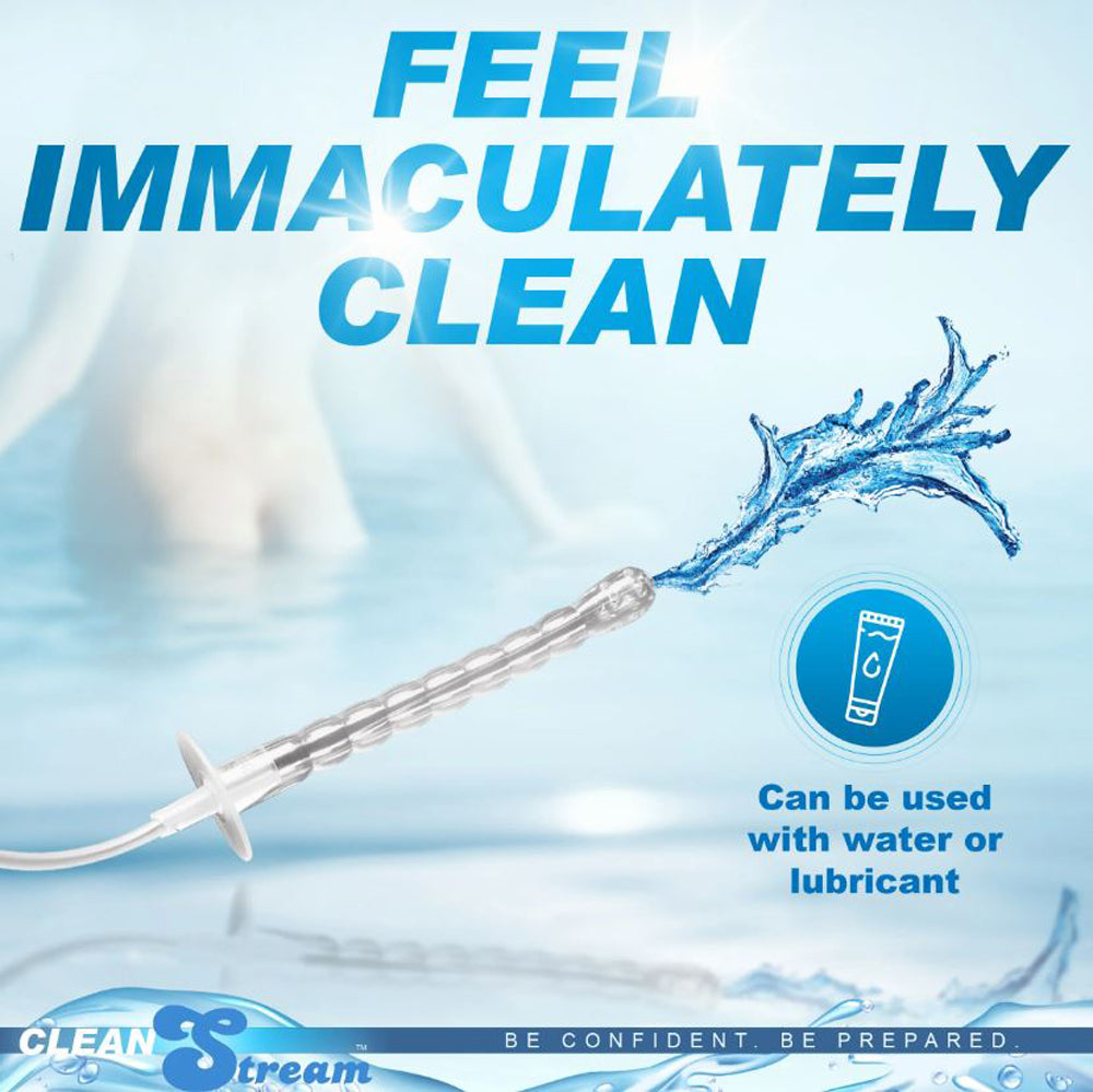Enema syringe kit with a clear ribbed tube and water spray.
