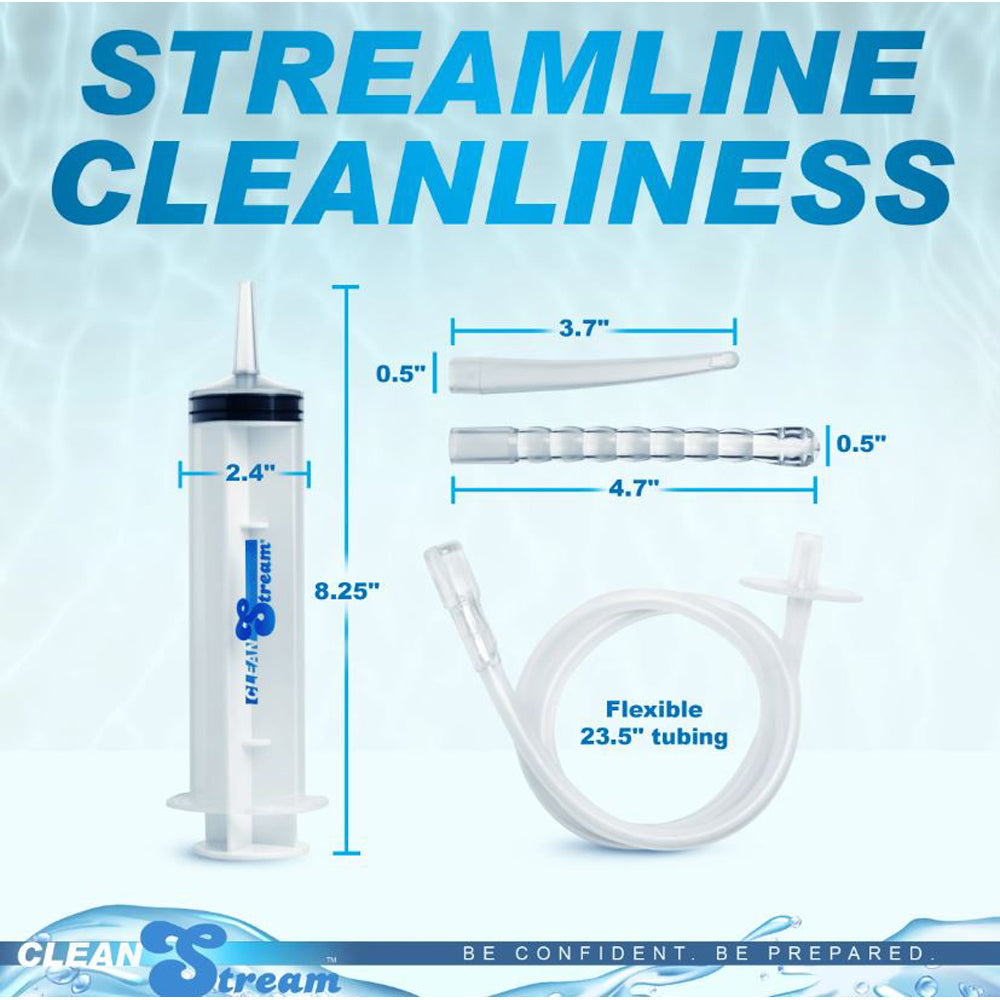 Enema syringe kit with 150ml capacity, 23.5-inch tubing, and three tips.