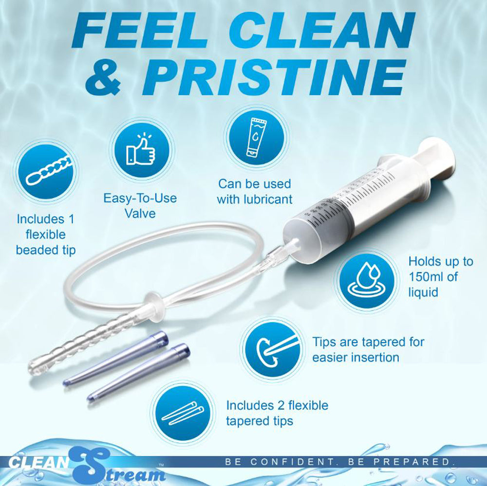 Enema syringe kit with silicone tube and three different tips.