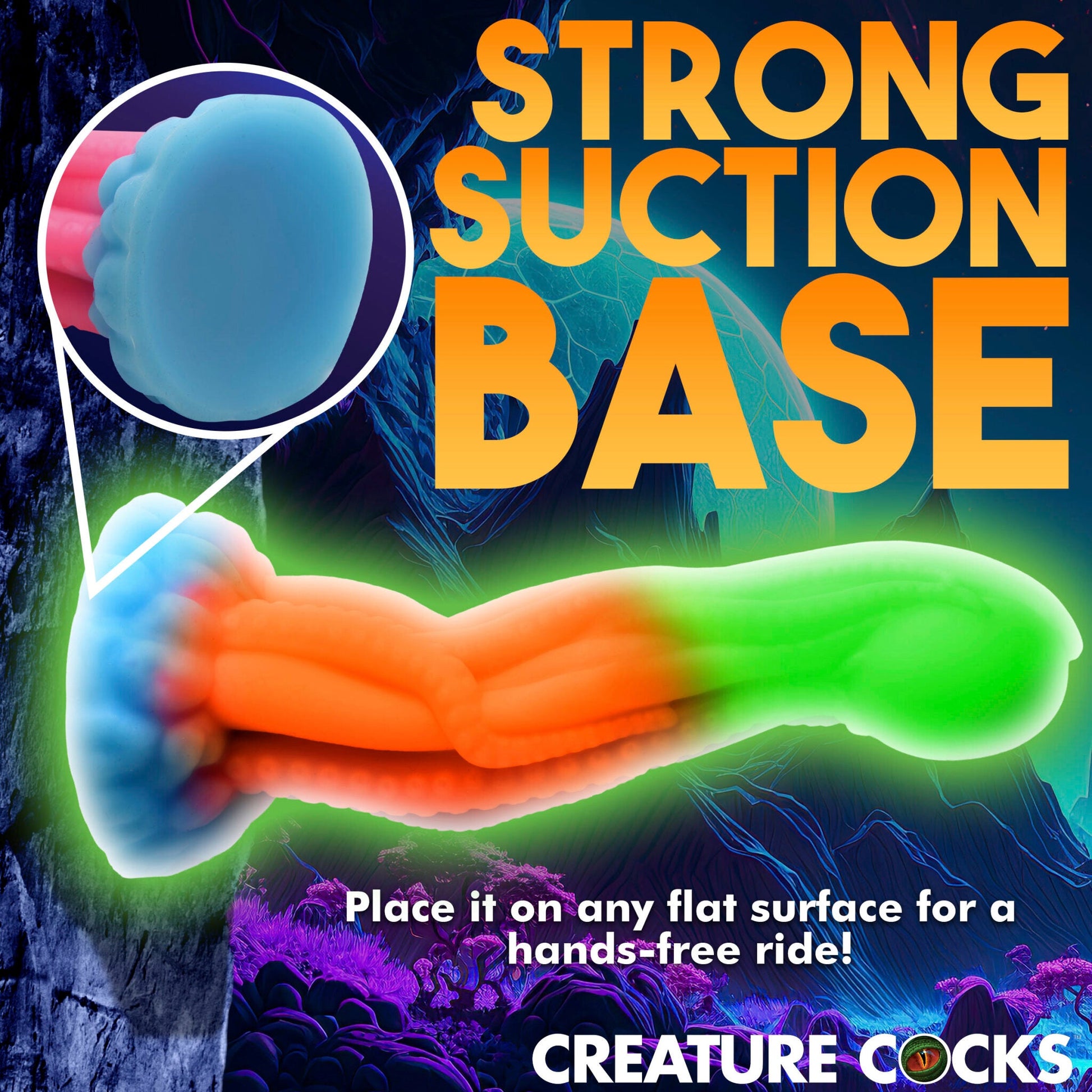 A glow-in-the-dark silicone dildo with a suction base and tentacle texture.