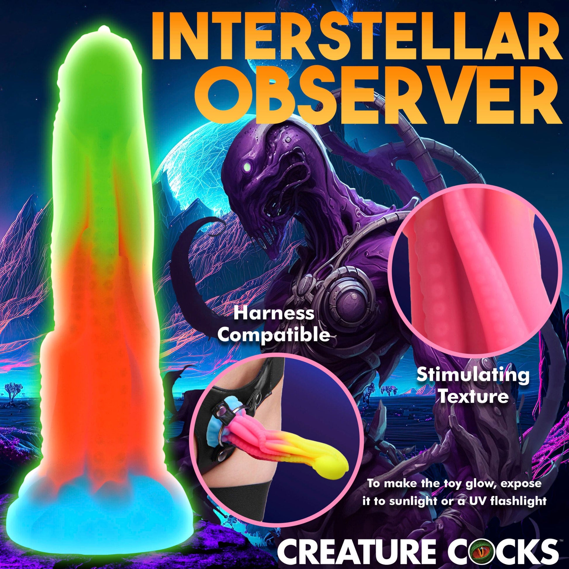 A glow-in-the-dark tentacle dildo with a textured surface and suction base.