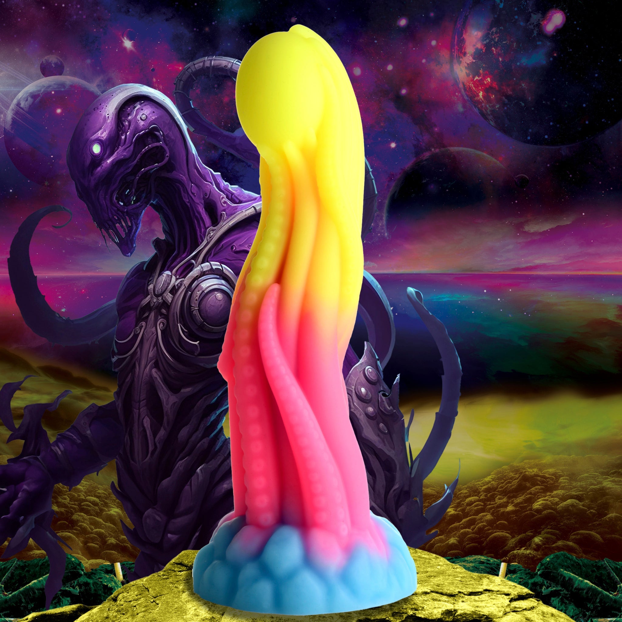 A yellow, pink, and blue tentacle dildo with a creature-like figure in the background.