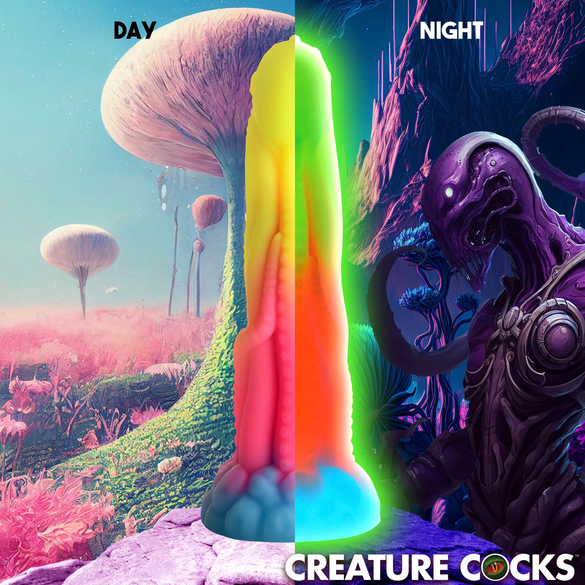 A glow-in-the-dark silicone dildo with a tentacle design and a suction base.