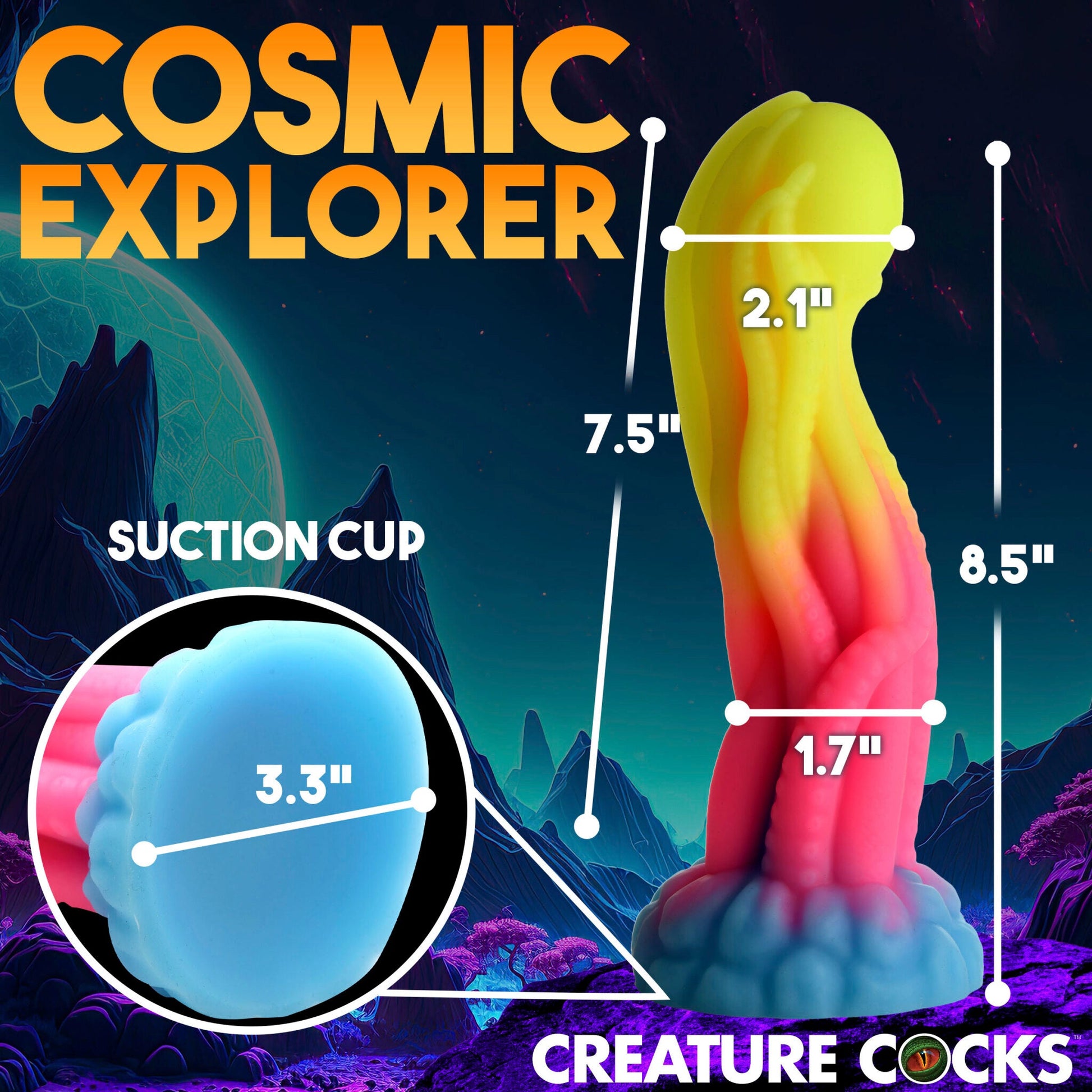 A glow-in-the-dark tentacle silicone dildo with suction cup base and size dimensions.