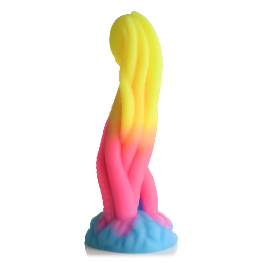 A silicone dildo with yellow, pink, and blue tentacles.