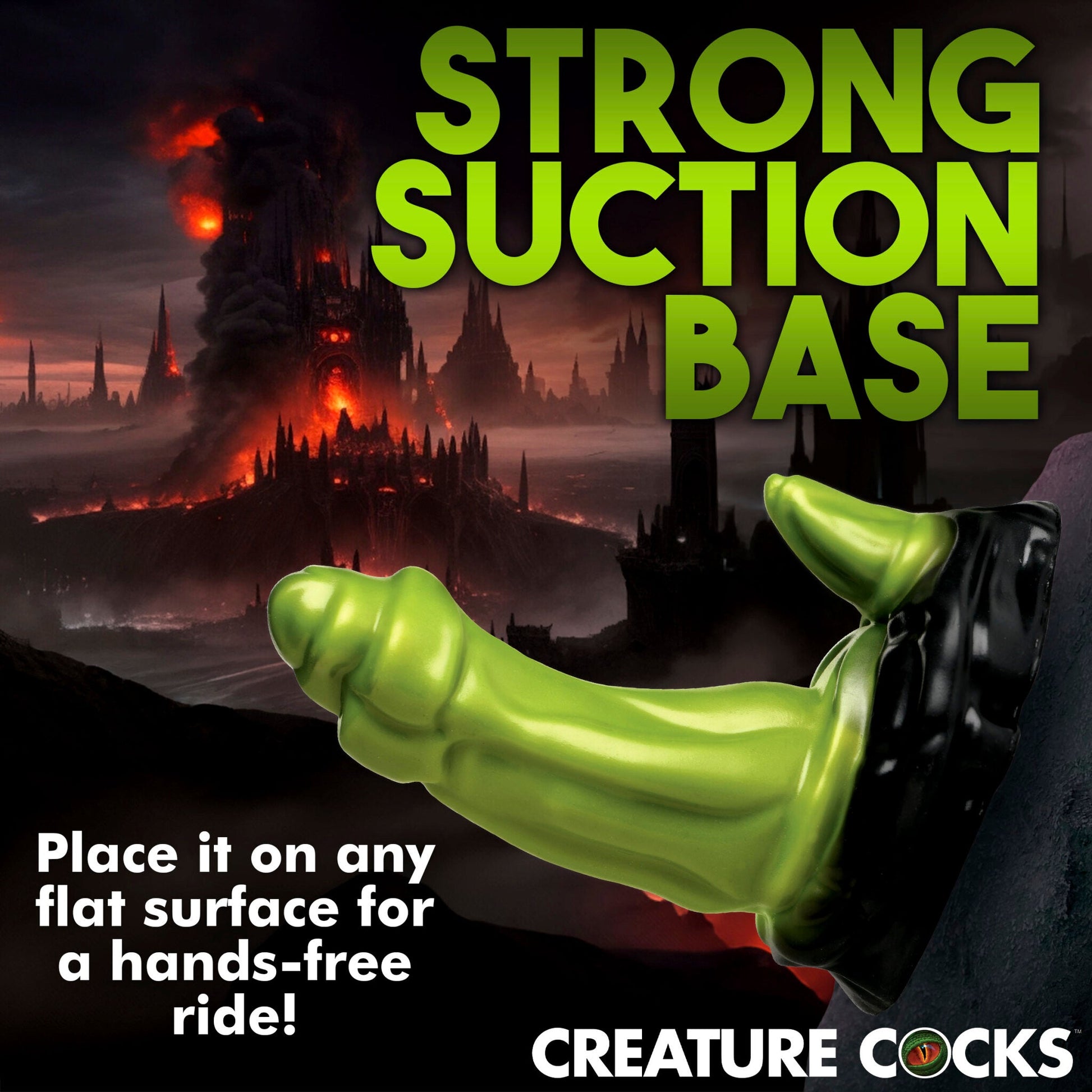 Green silicone dildo with a suction base and dual stimulation horn.