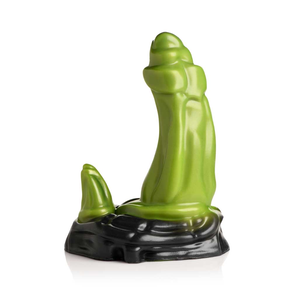 Green silicone orc fantasy dildo with dual stimulation horns and suction cup base.