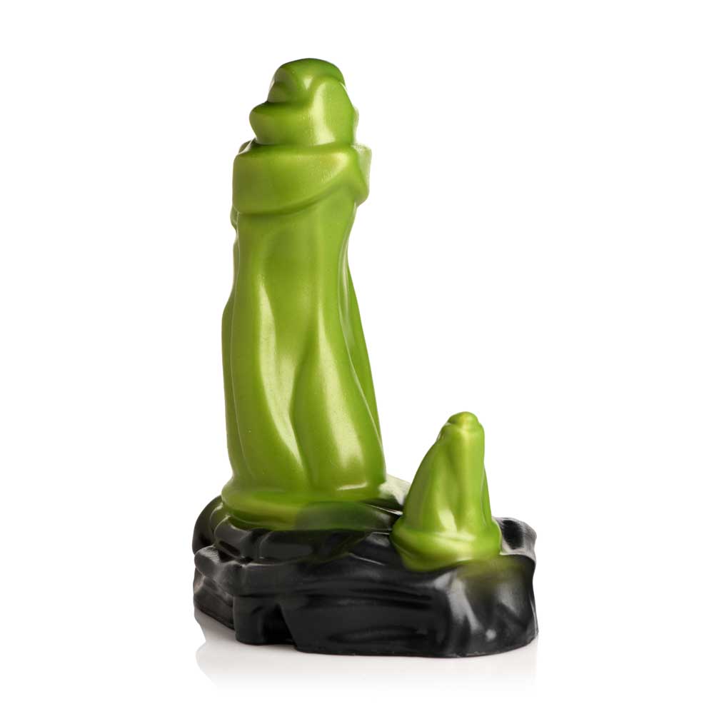 Green silicone orc fantasy dildo with dual stimulation horns on black suction cup base.
