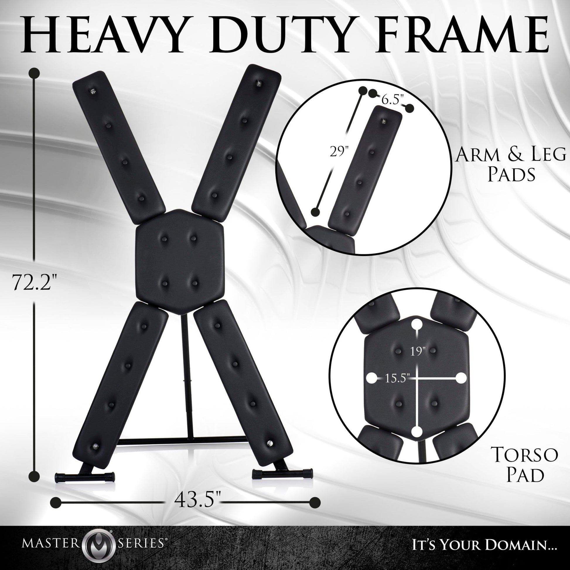 Master Series Deluxe Free-Standing St. Andrew's Cross with padded restraints and dimensions.