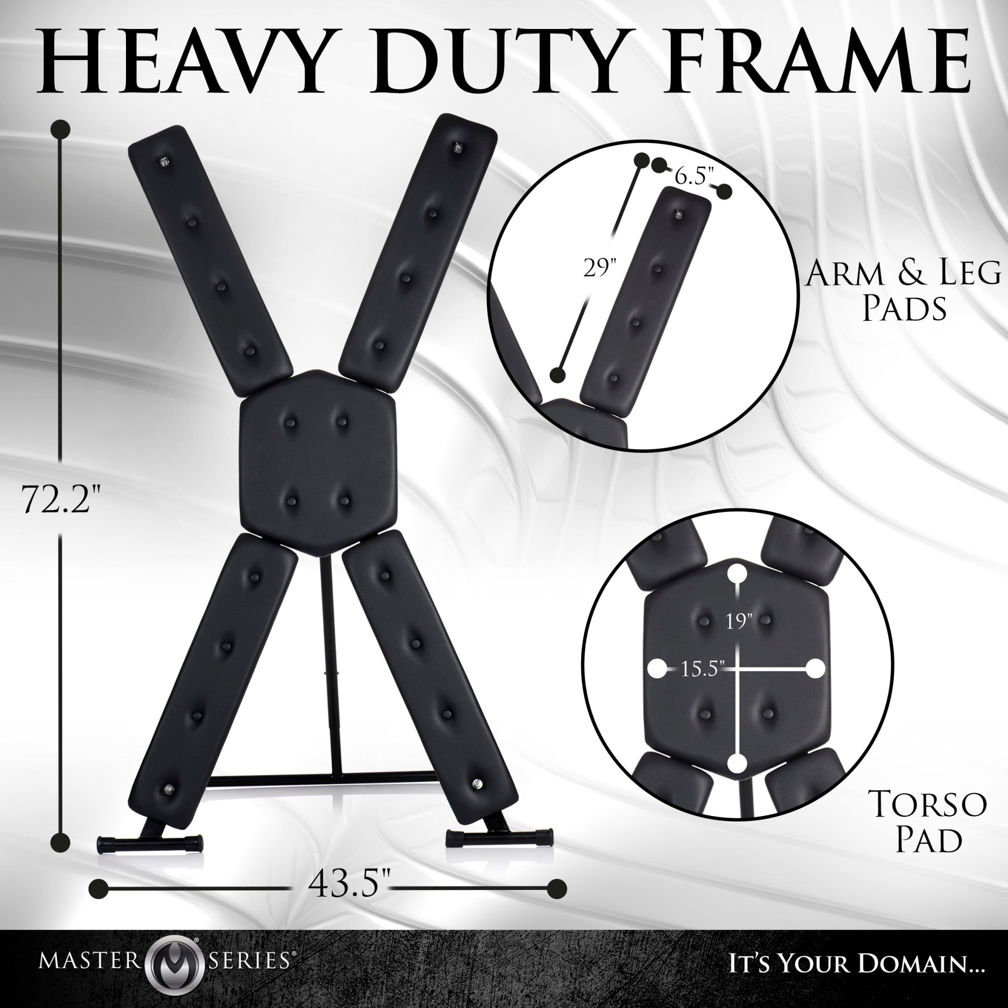 Master Series Deluxe Free-Standing St. Andrew's Cross with padded restraints and dimensions.