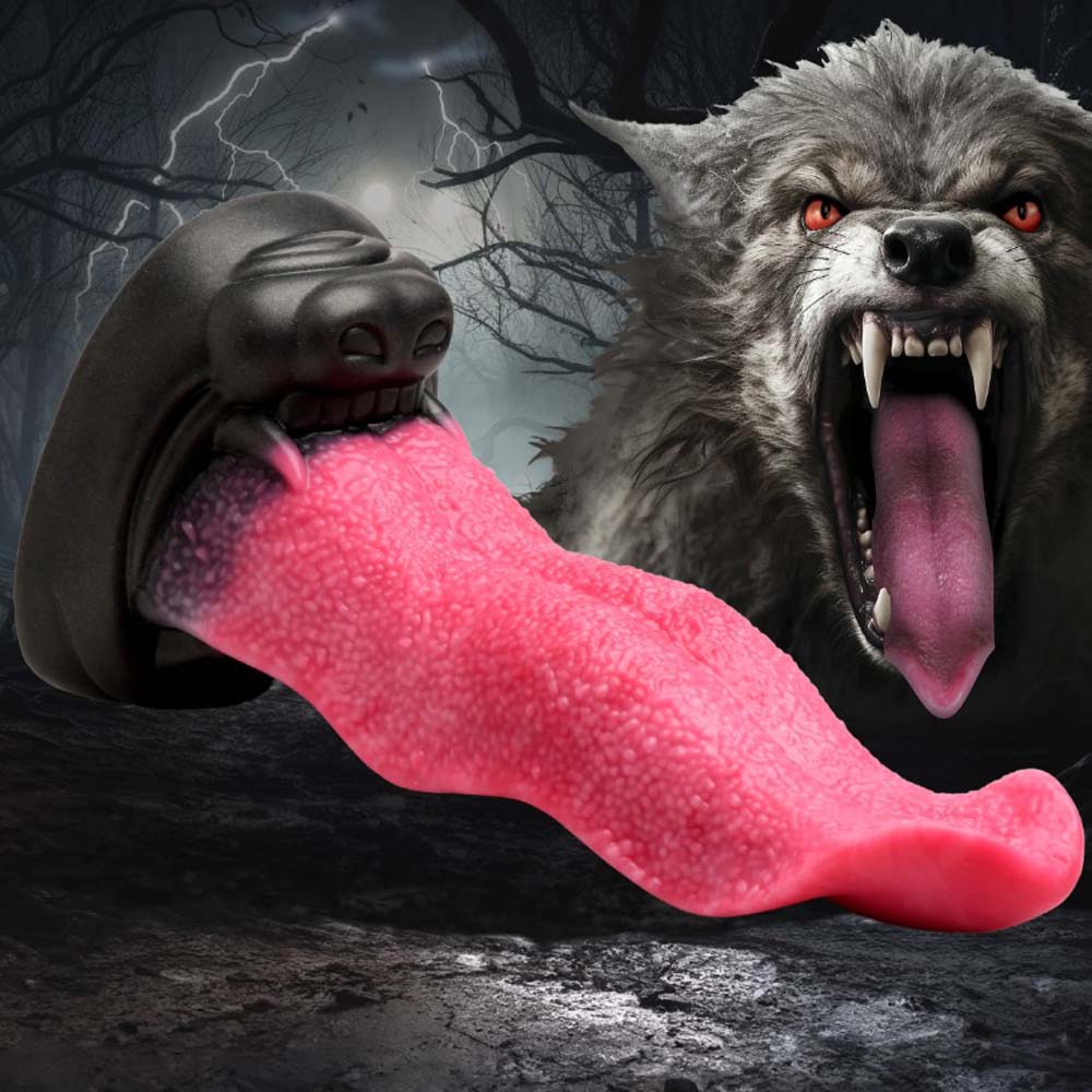 Wolf maw dildo with a textured pink tongue and suction cup base.