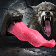 Wolf maw dildo with a textured pink tongue and suction cup base.