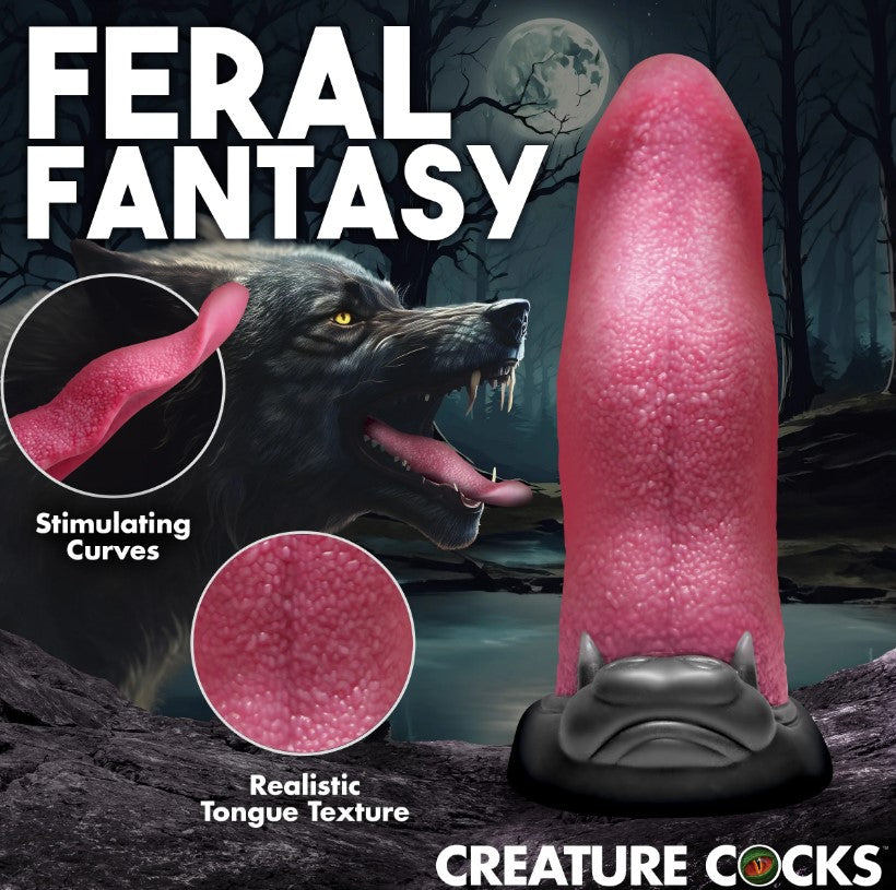 Pink tongue dildo with wolf muzzle base and suction cup.