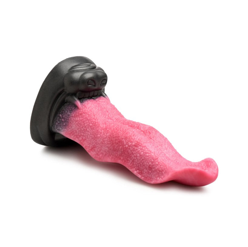 A black wolf muzzle dildo with a textured pink tongue and suction cup.
