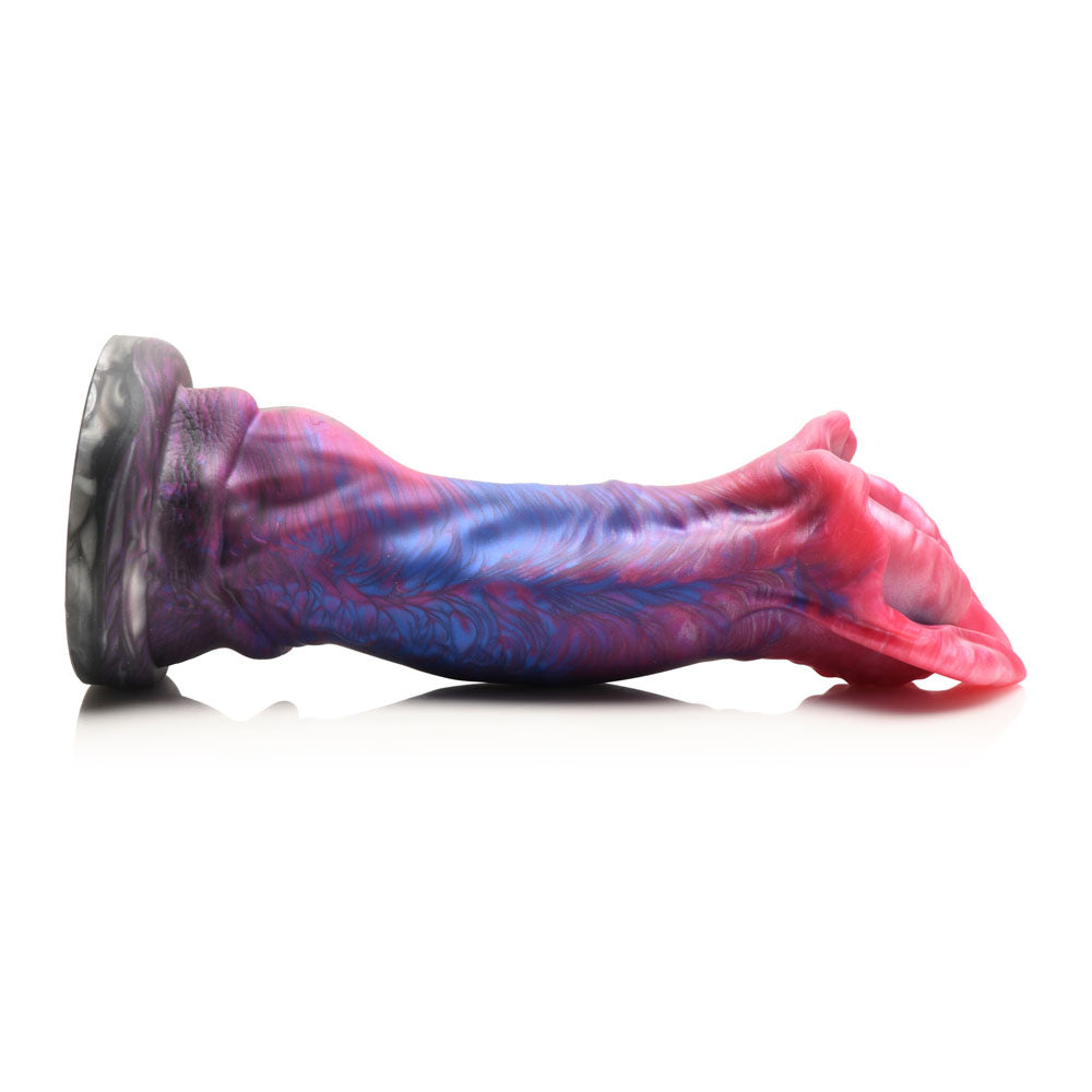 A pink and blue marbled silicone dildo with a flared head and suction cup base.