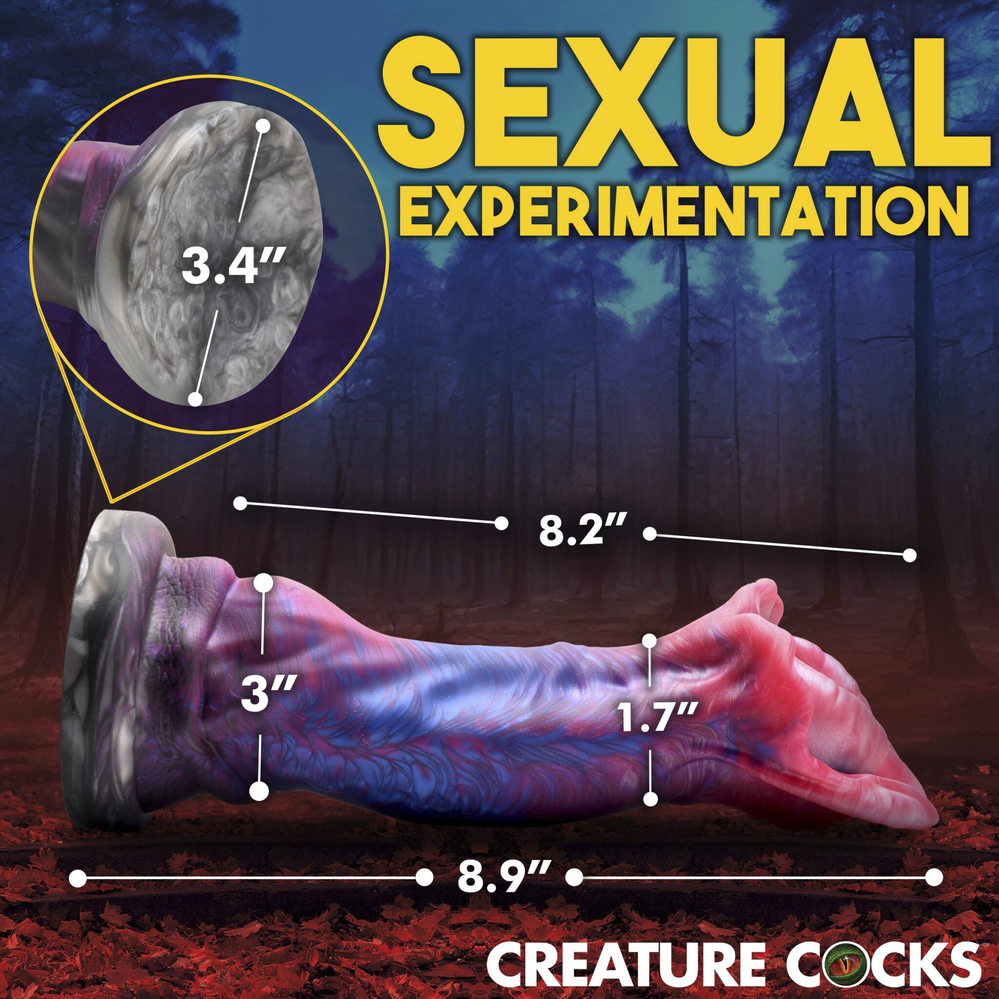 Demogorgon fantasy dildo with suction cup base, measuring 8.9 inches long with a 3 inch base diameter.