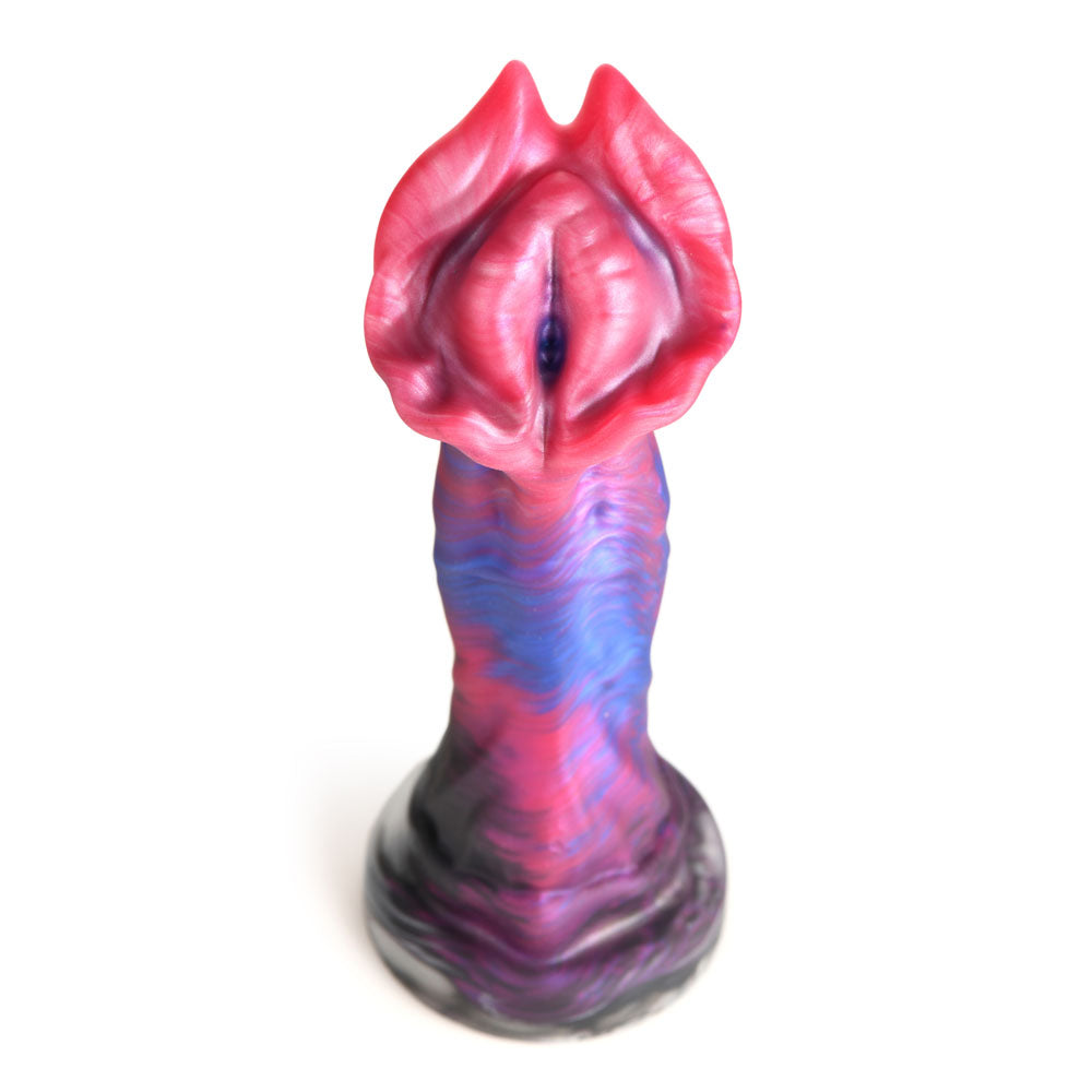 A pink and blue marbled silicone dildo with a flared, lip-like head and a suction cup base.