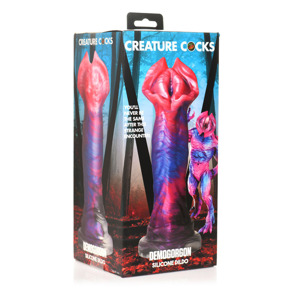 Demogorgon fantasy silicone dildo with a flared head and textured bumps.