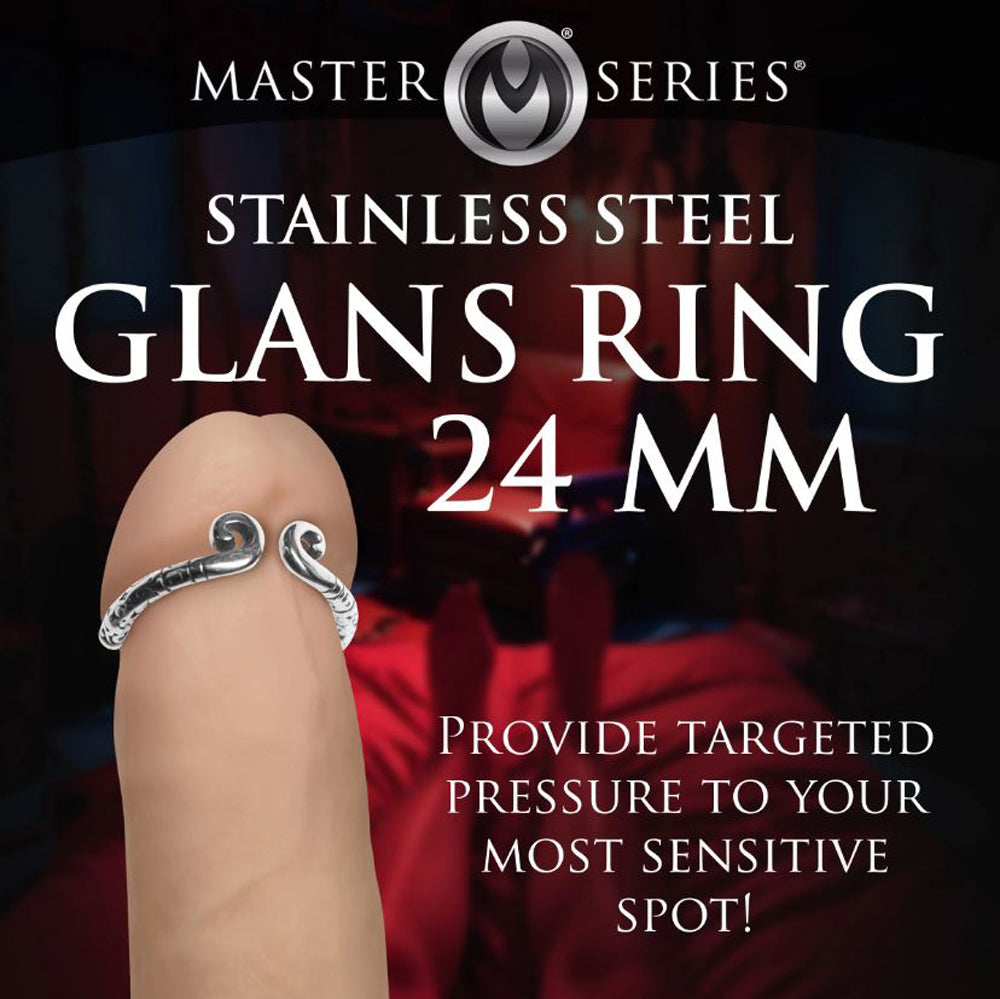 Stainless steel glans ring with a decorative spiral design.