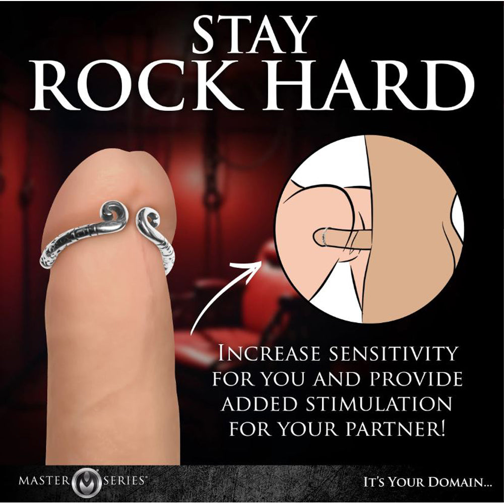 Adjustable stainless steel glans ring with a decorative design.