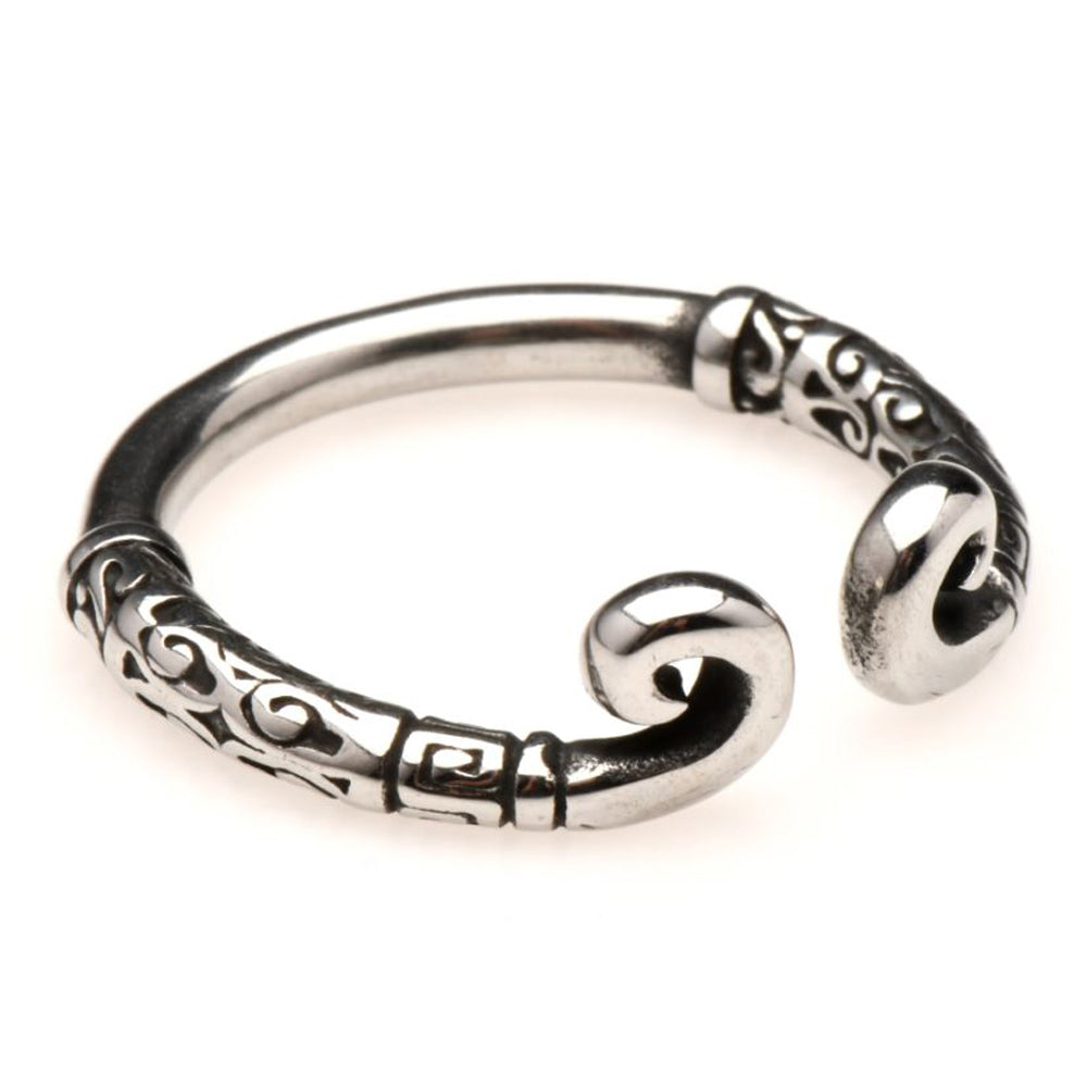 Adjustable stainless steel ring with ornate detailing and a coiled end.