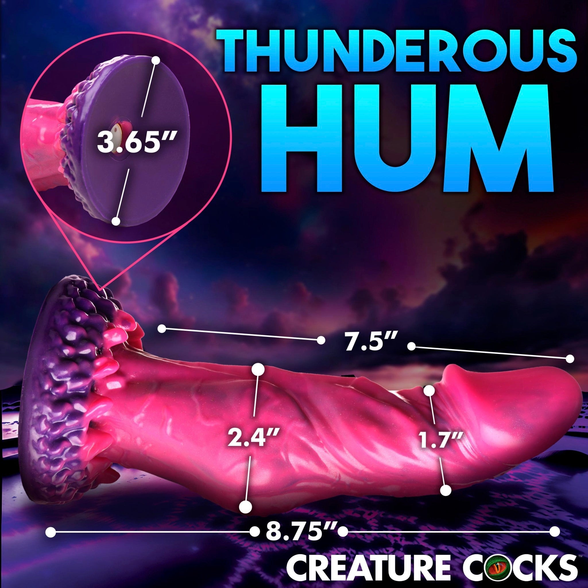 A pink and purple fantasy dildo with measurements for length and width.