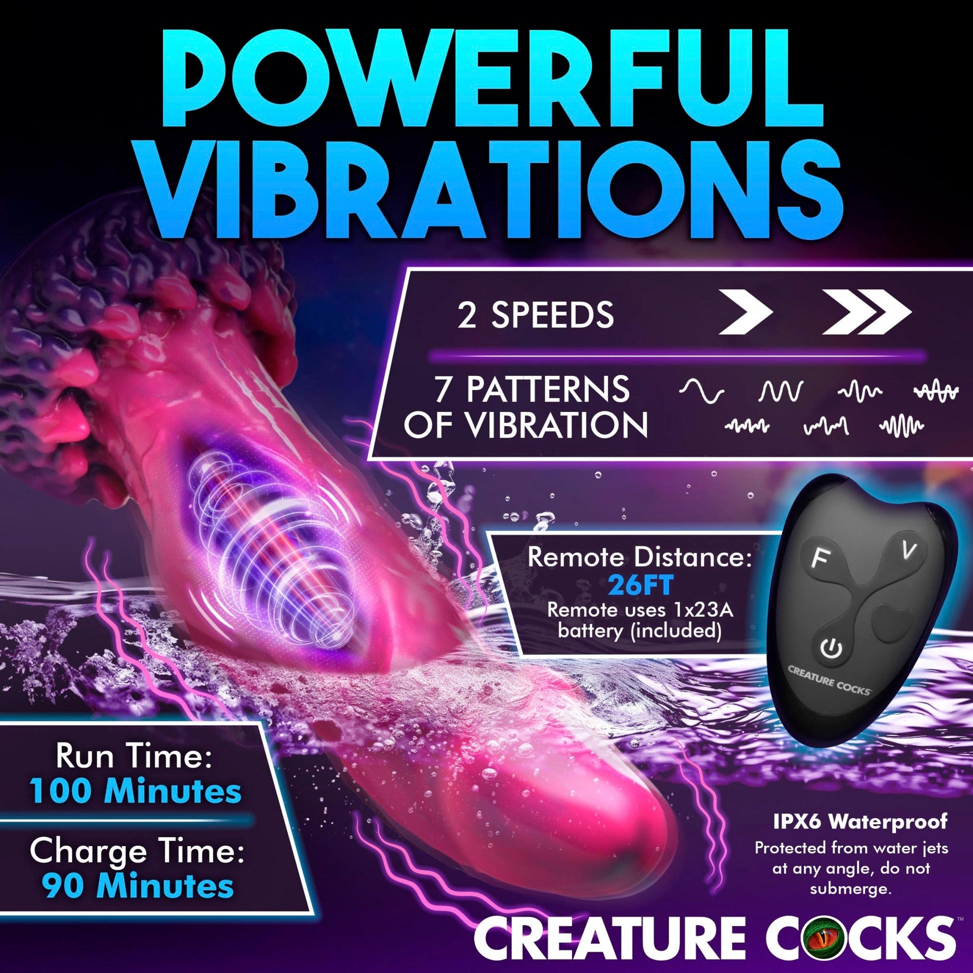 Pink and purple silicone fantasy dildo with remote control and 7 vibration patterns.