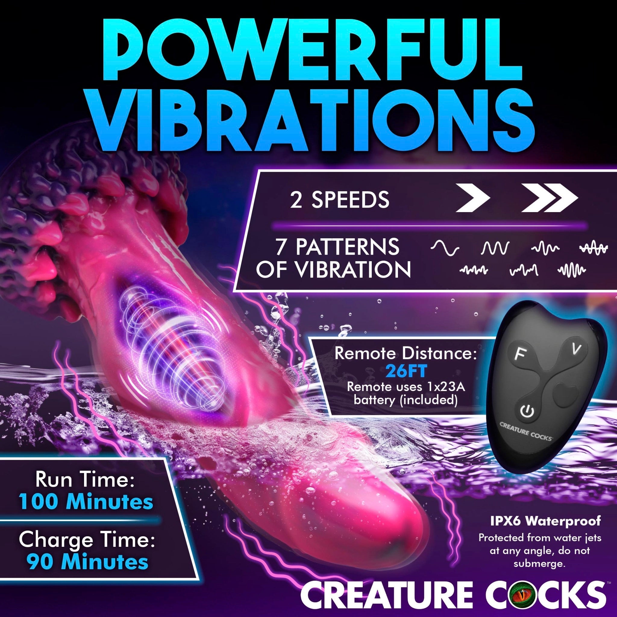 Pink and purple silicone fantasy dildo with remote control and 7 vibration patterns.