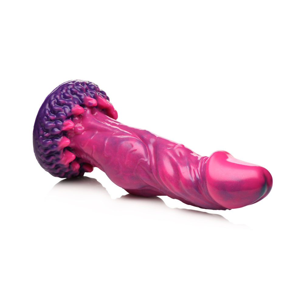 Pink and purple silicone fantasy dildo with textured knot, suction base, and remote control.