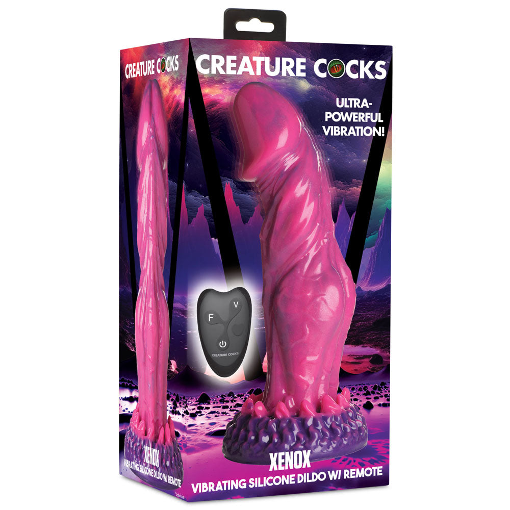 Pink silicone dildo with remote control and textured base.