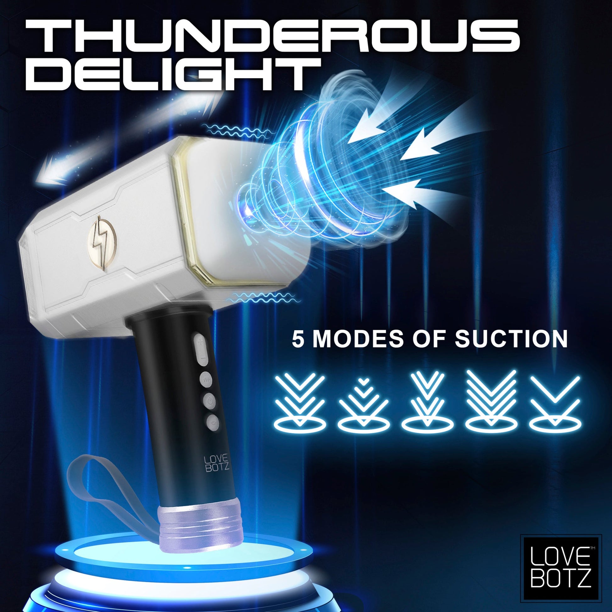 A white and black vibrating hammer toy with suction modes.