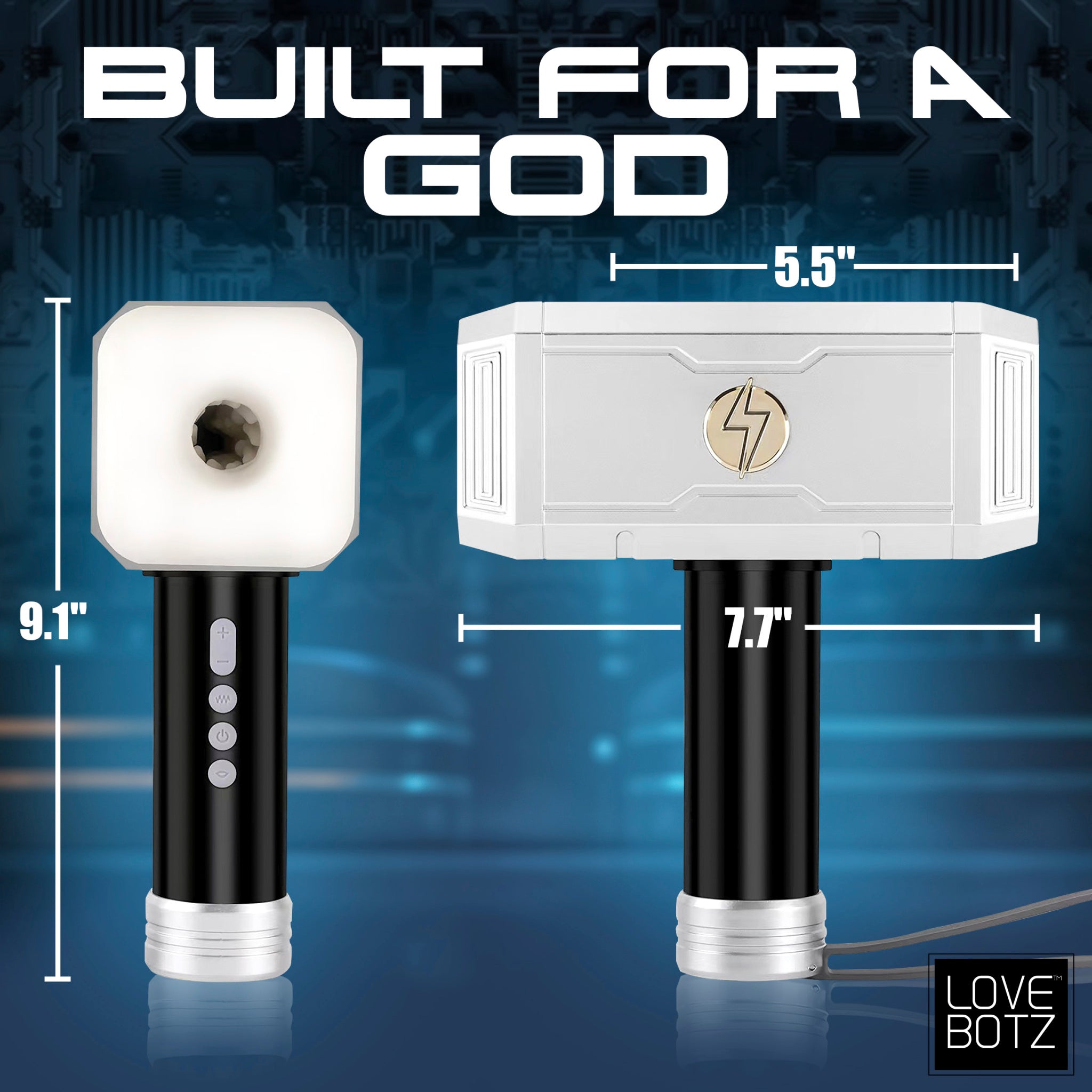 A white and black rechargeable hammer-shaped toy with dimensions indicated.