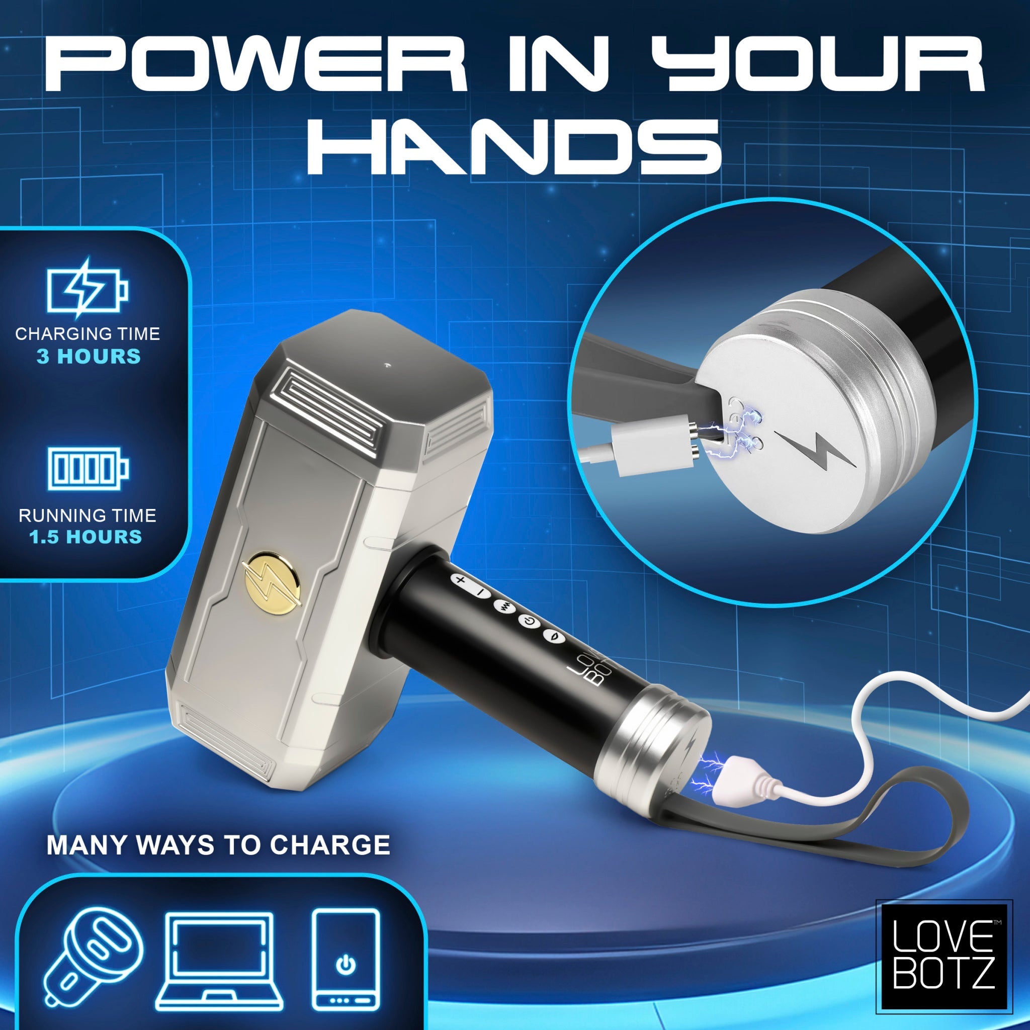 A silver and black vibrating hammer with charging indicators and multiple charging options.