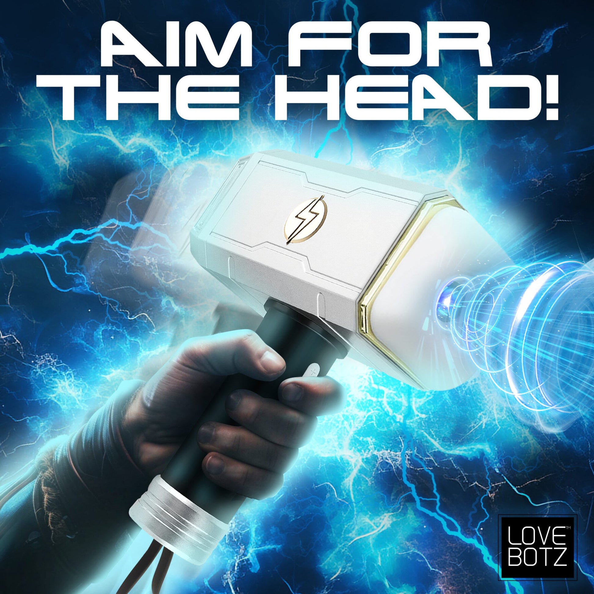 A white and gold vibrating and sucking hammer with blue lightning effects.