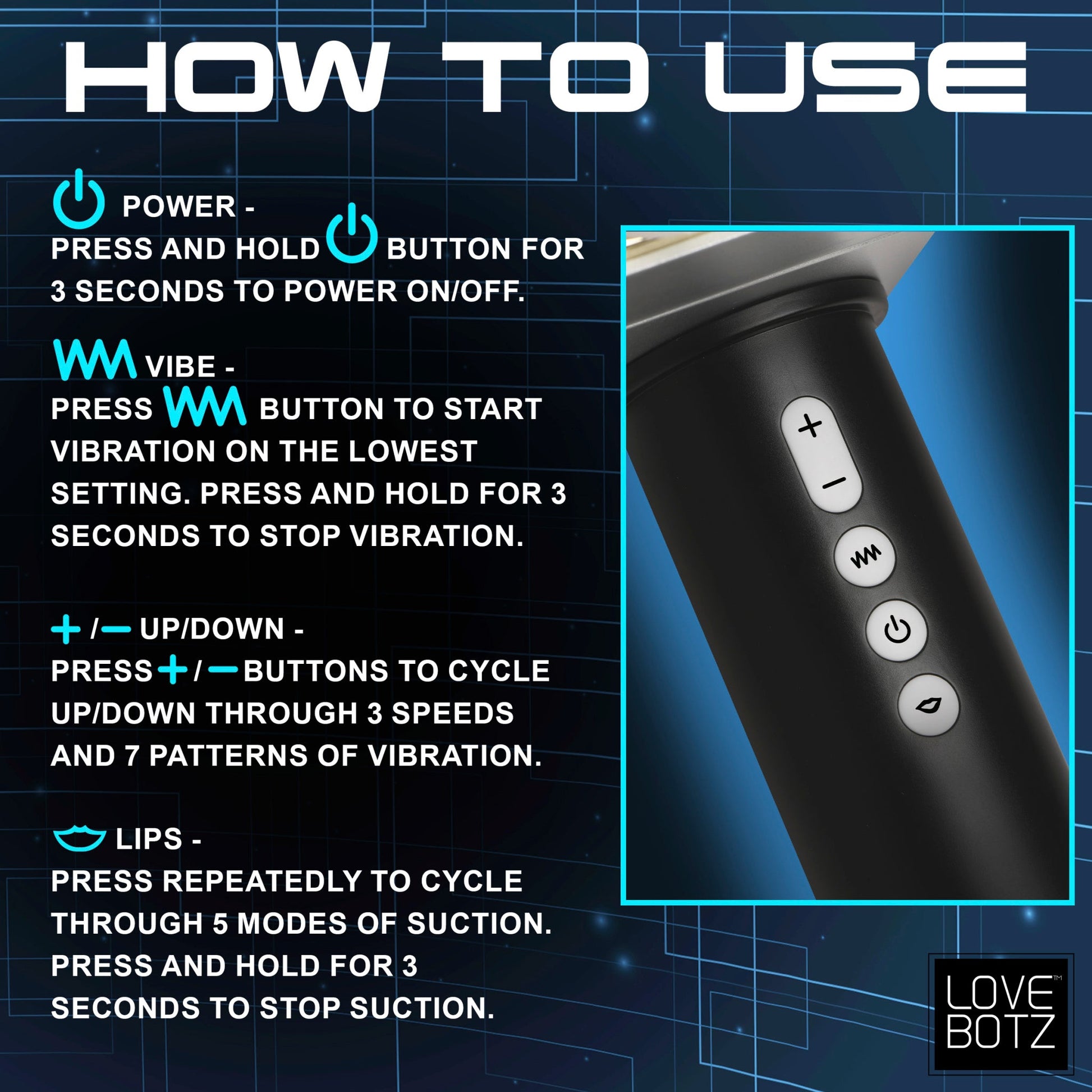 A black rechargeable pleasure device with buttons for power, vibration, and suction.