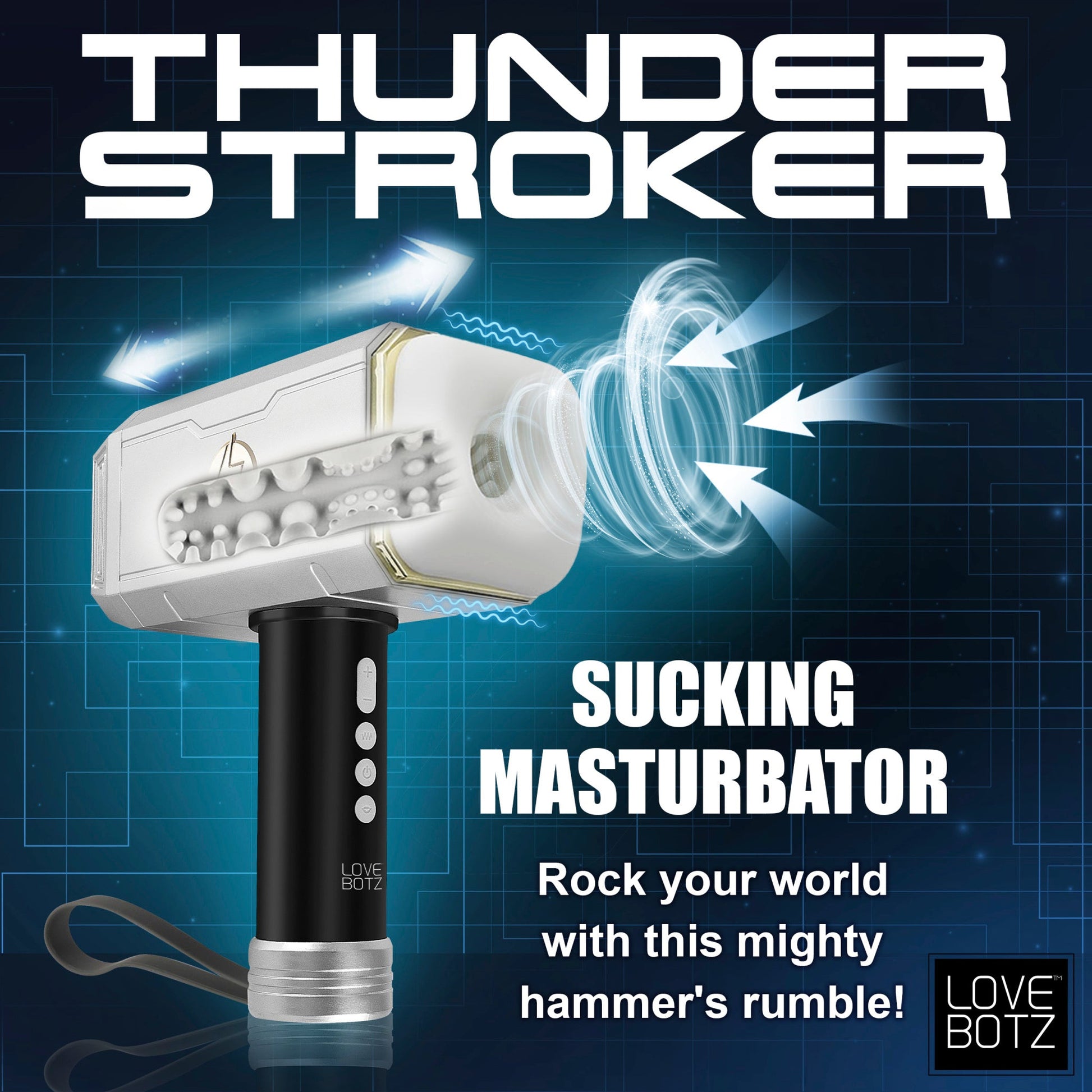 A silver and black vibrating and sucking hammer-shaped adult toy.