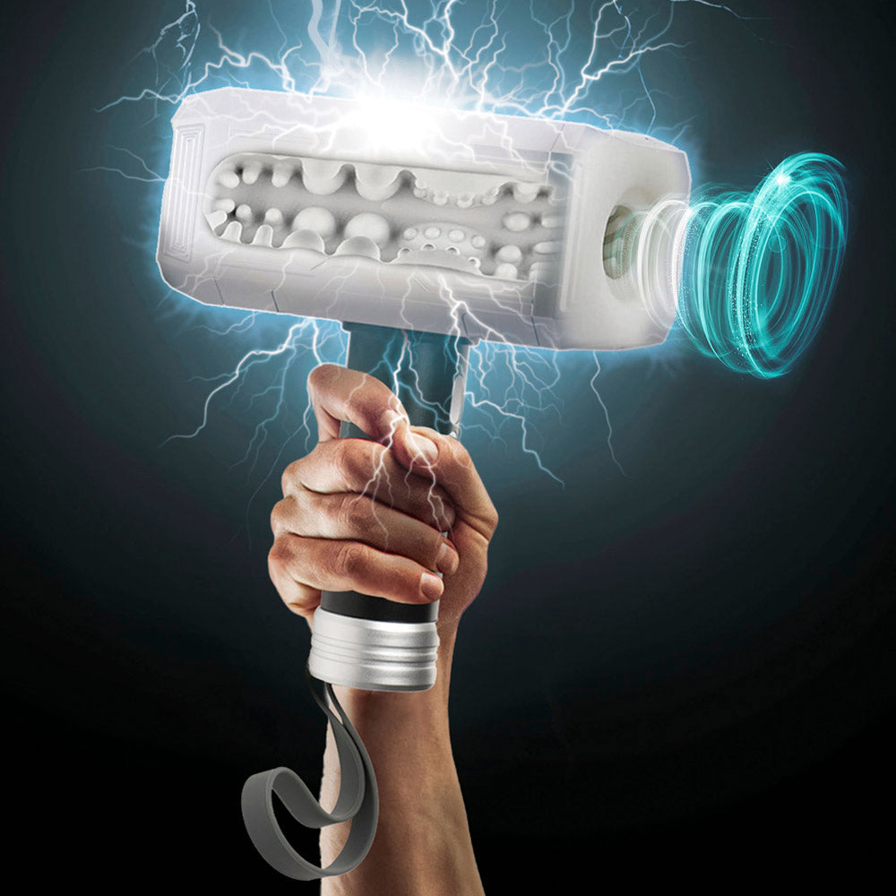 Rechargeable vibrating and sucking hammer with textured sleeve.