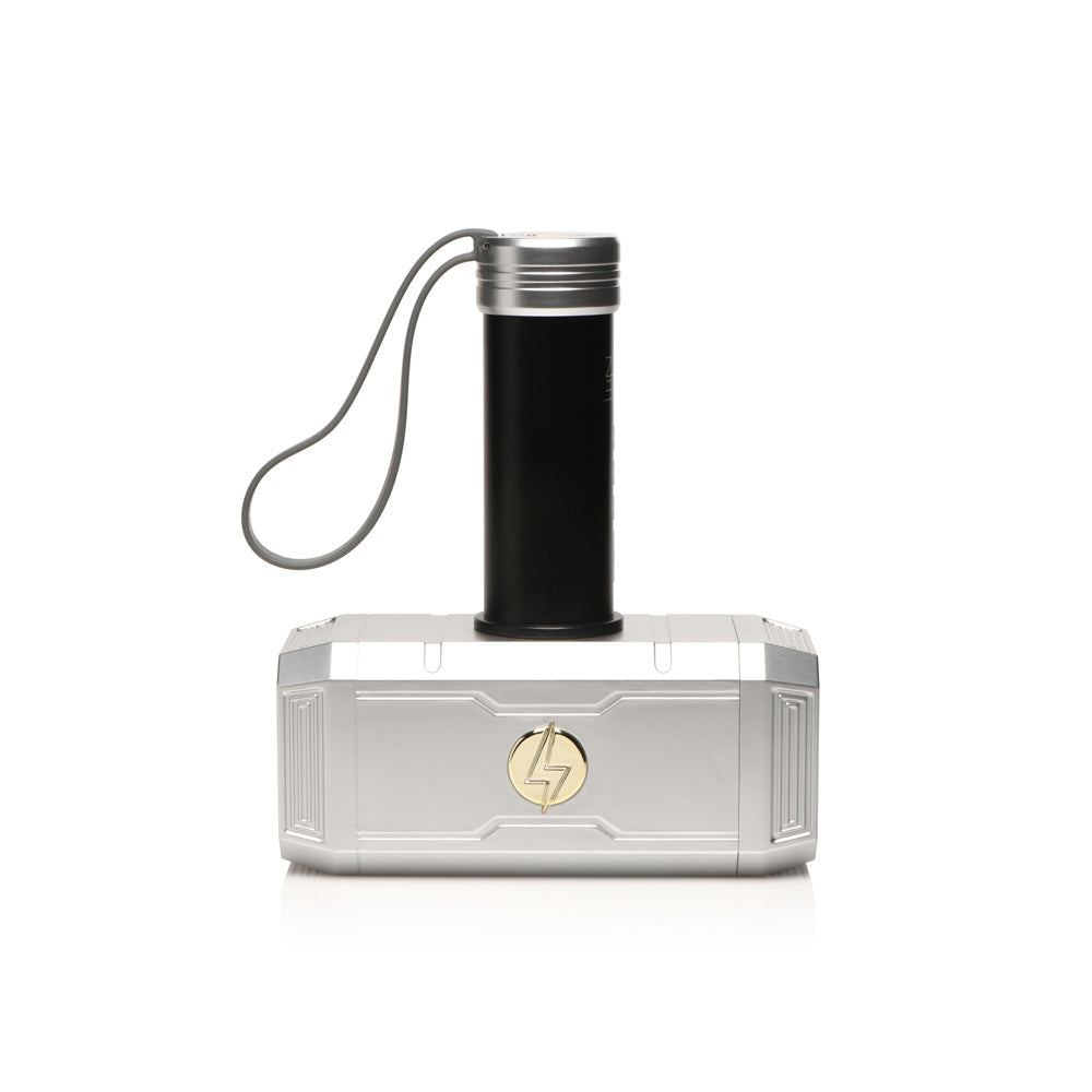 Silver Thor hammer-shaped vibrator with a gold lightning bolt emblem.