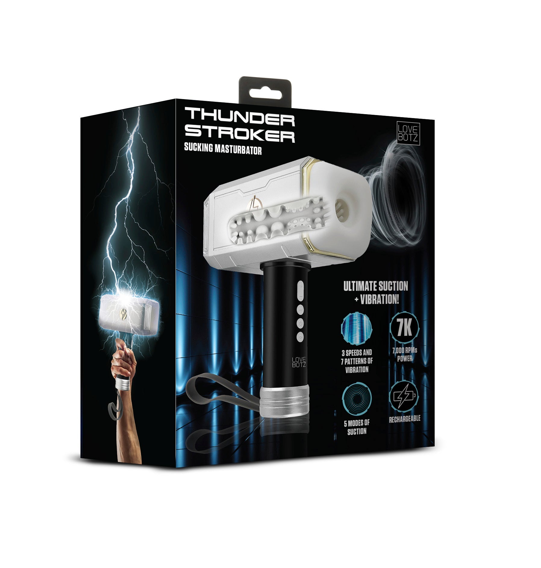 Thunder Stroker rechargeable sucking and vibrating hammer with lightning graphics.