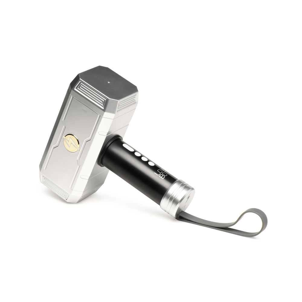 Silver Thor hammer-shaped rechargeable vibrating and suction toy with a black handle.