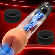 Black rechargeable penis pump with 5 suction modes, masturbator sleeve, and two silicone rings.