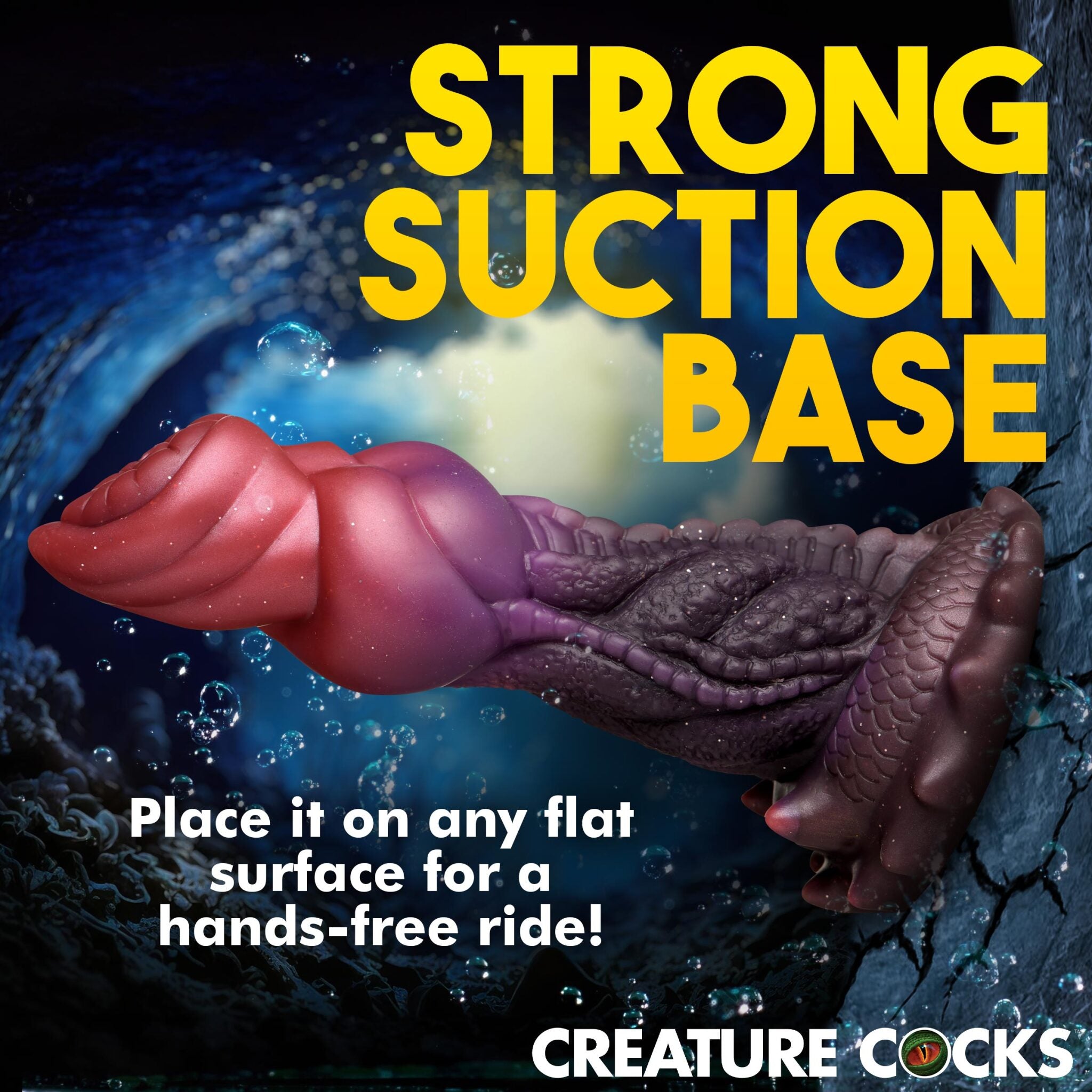 A purple and red textured dildo with a suction cup base.