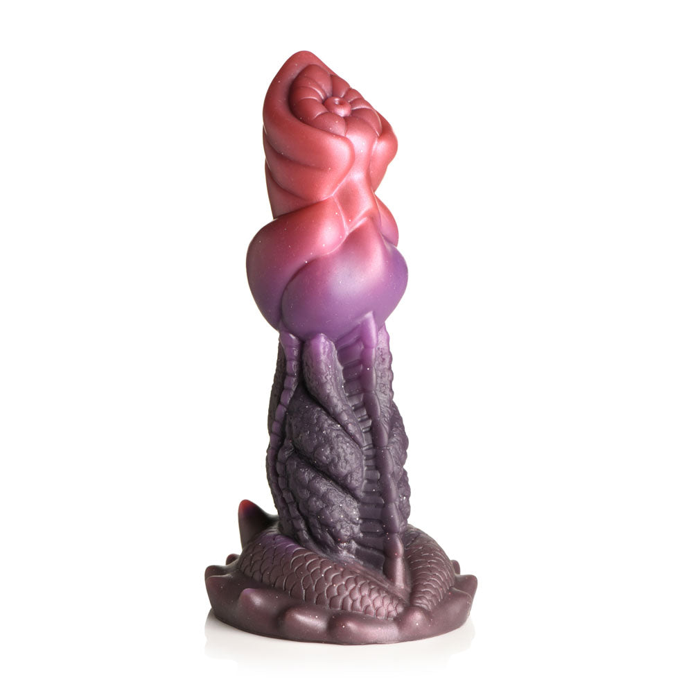 A purple and red silicone fantasy dildo with a textured shaft and suction cup base.